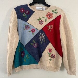 Vintage Alfred Dunner Cream Colorful Floral Embroidered Crewneck Sweater Grandma